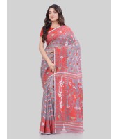 Women`s Phulkari Resham Dhakai jamdani Bengal Pure Cotton Handloom Saree Whole Body Design without Blouse Piece (Grey Red)